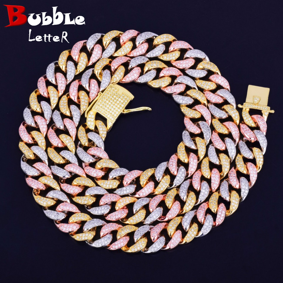 

12MM Mixed Color Iced-Out Baguette Cuban Chain Necklace Rose Gold Color Material Copper Full Cubic Zircon Hip Hop Rock Street