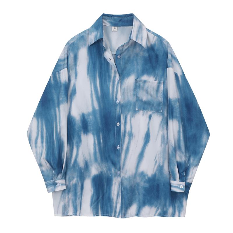 

2020 autumn all-match tie-dye thin long-sleeved shirt niche shirts for women outside wear, Sky blue