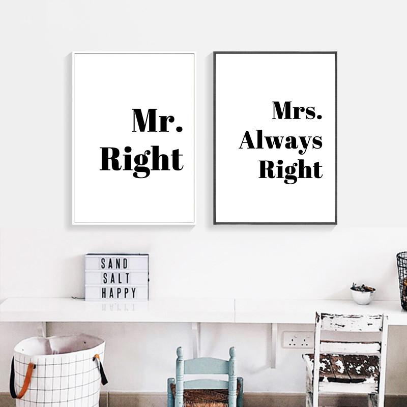 

Modern Minimalist Art Canvas Painting Prints Black And White Quotes Poster Mr& Mrs Always Right Wall Home Decoration AL079