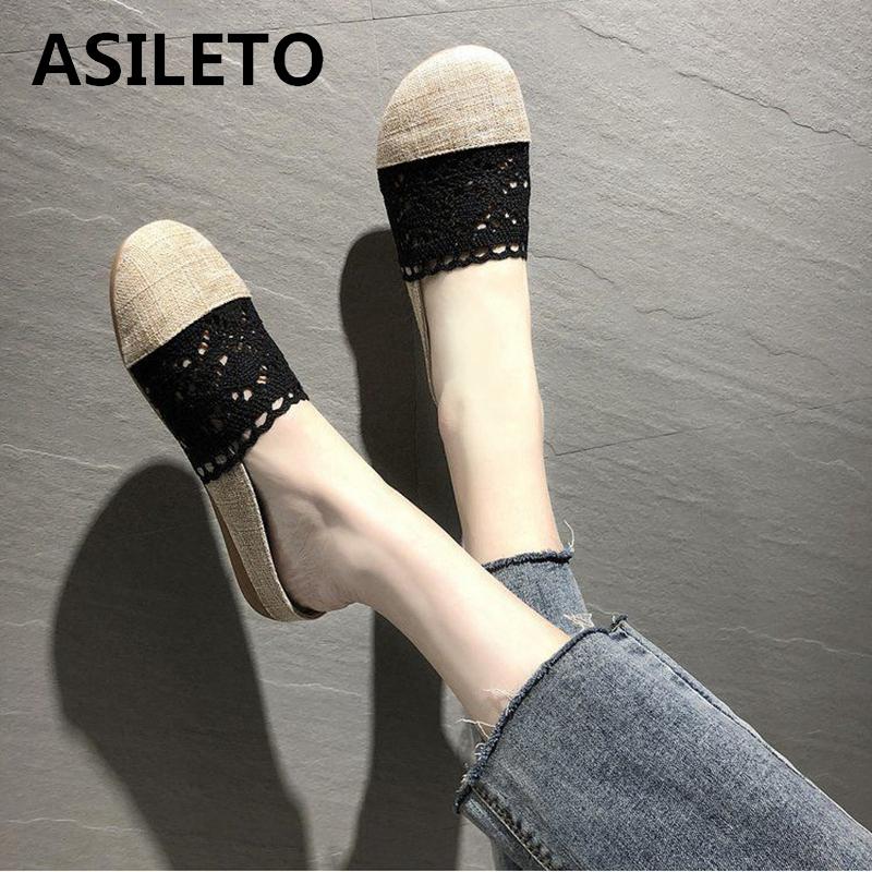 

ASILETO New Women Slippers 2021 Round Toe 1.5cm Heels Lace Breathable Flax Big Size 35-40 Casual Outdoor Black Summer S2125, Beige