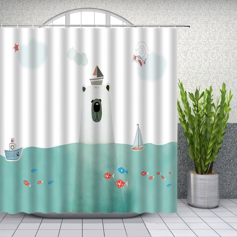 

Cartoon Shower Curtains Anime Seawater Fish Sailboat Children's room Bathroom Decor Waterproof Cloth Curtain Set Cheap