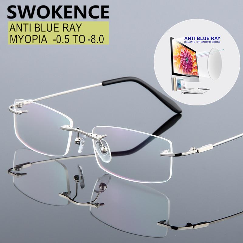 

SWOKENCE Rimless Blue Light Blocking Myopia Glasses -0.5 to -8.0 Men Women Alloy Prescription Spectacles For Nearsighted F091