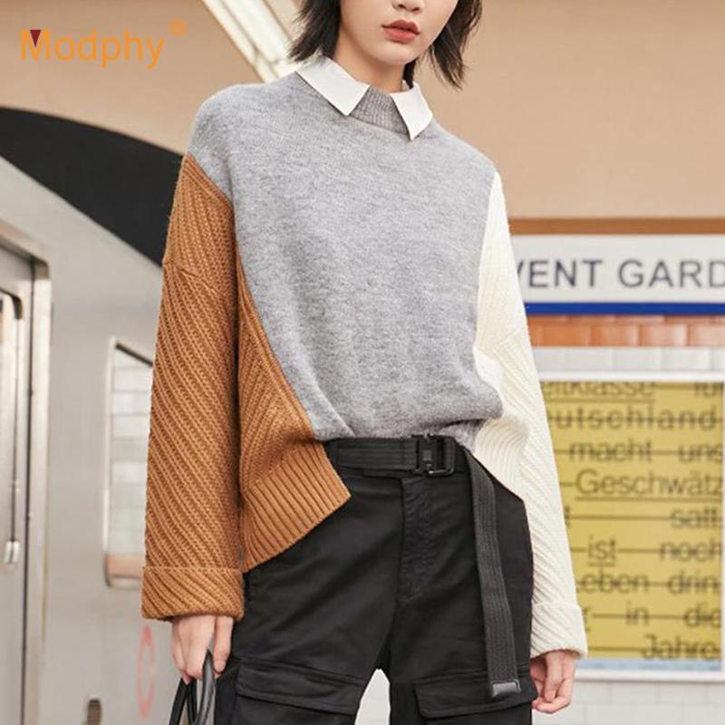 

Autumn Winter Women Knitted Contrast Cashmere Sweater 2020 Casual Round Neck Long Sleeve Loose Oversized Pullover Sweater Top, As shown