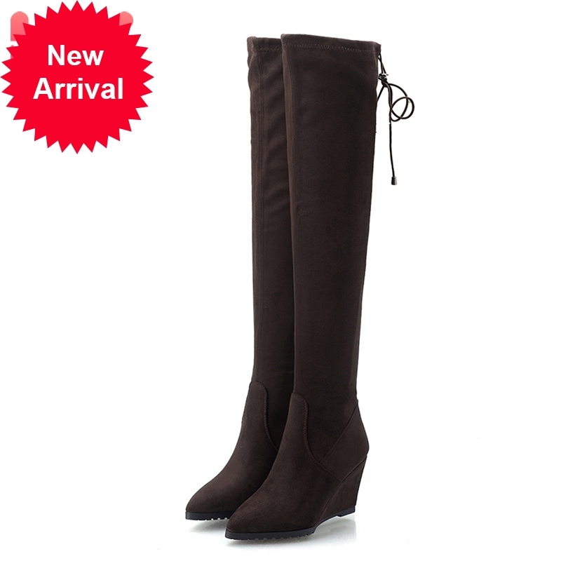 

Top quality winter skin on the knee woman ponited toe keep warm boots long tissue stretching shoes size 33-43, Red