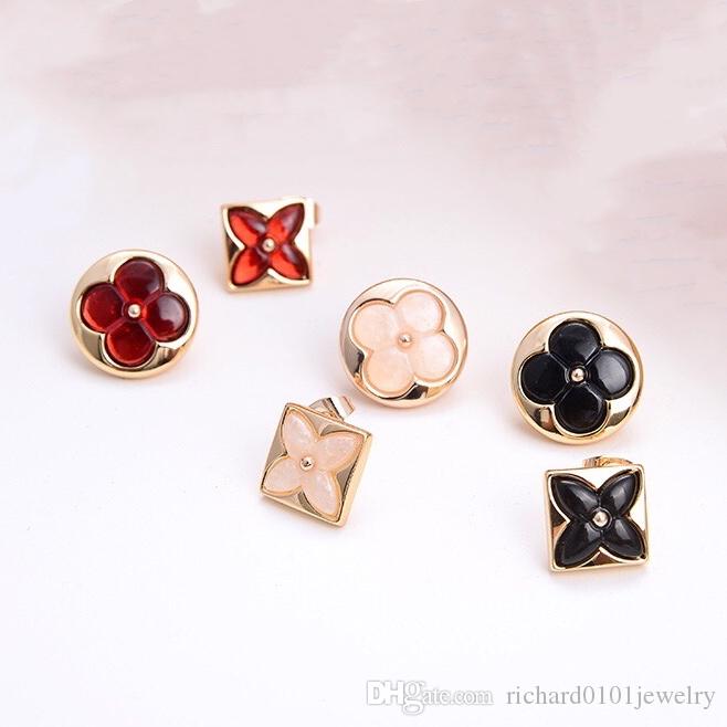 

Luxury Designer Jewelry Women Earrings Onyx stud with pink four leafs flower brass gold necklace suits fashion Jewelry