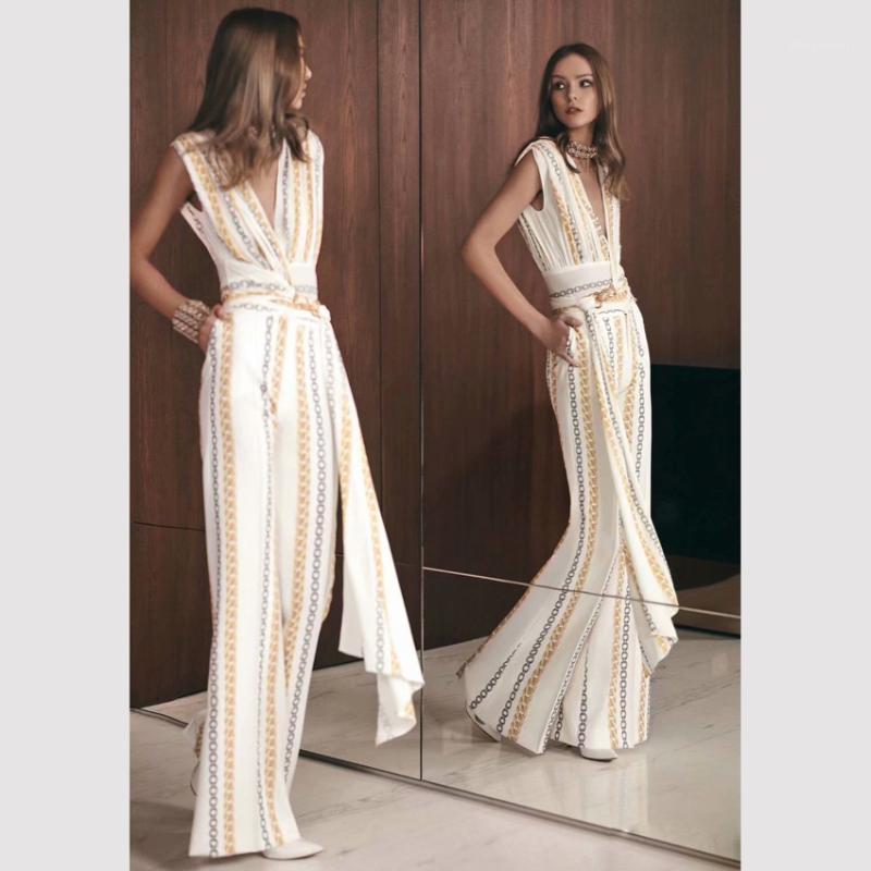 

Women' Jumpsuits & Rompers HIGH STREET Est Fashion 2021 Designer Jumpsuit Elegant V-Neck Flare Bow Belt Chain Printed Wide Leg, As pic