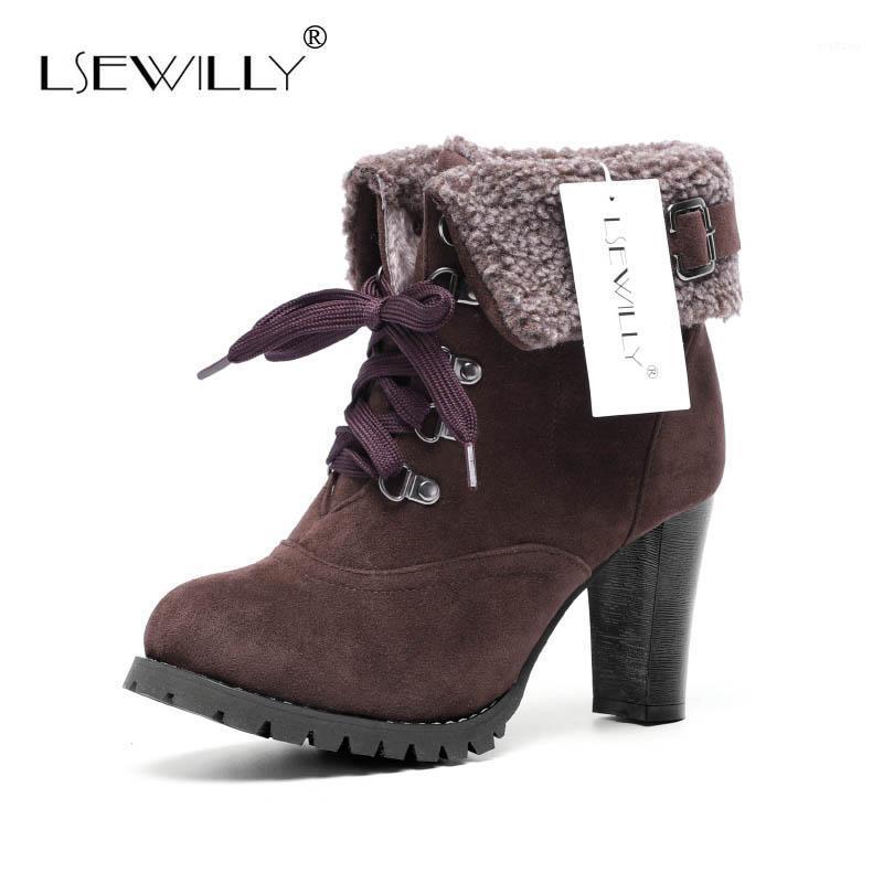 

Lsewilly ankle boots Faux Fur Suede Lace Chunky Thick Heel Women Ankle Boots Fashion Casual High Heel Plus Size 2601, Black