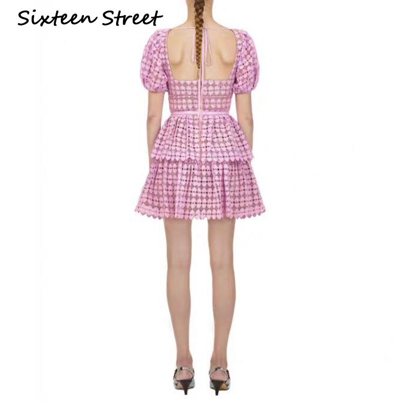 

2021 New Summer Short Puff Sleeve Ladies Pink Purple Light Mini Dress Woman Runway Design Luxury Party Xhge, Light purple pink