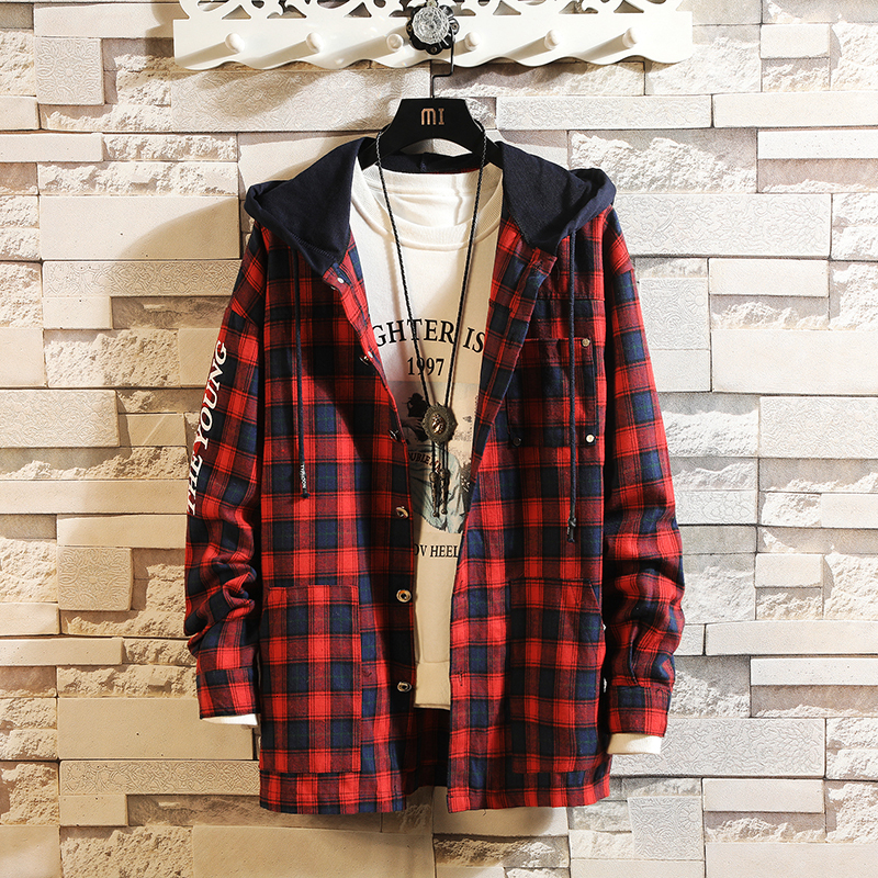 

2021 New Hip Hop Streetwear Punk Style Casual Red Plaid Shirt Men's Long Sleeve High Quality Loose with Hooded Afze, C102 3