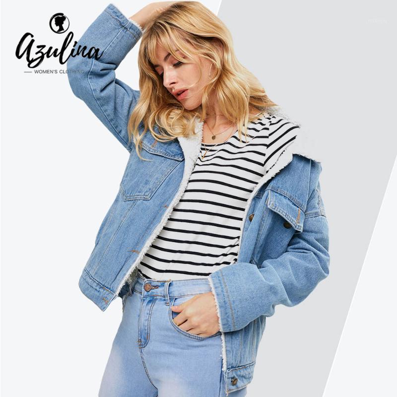 

Women's Jackets AZULINA Autumn Winter Jacket Women Coat Pocket Fleece Lined Denim Jeans Outerwear Turn-Down Collar Drop Shoulder Clothing1, Pink
