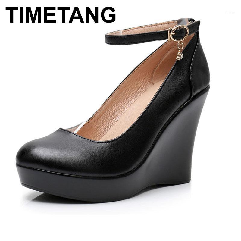 

TIMETANGFashion Ankle Strap High Wedge Platform Pumps For Women Casual Genuine Leather Black Work Shoes High Heels1, 8cm black