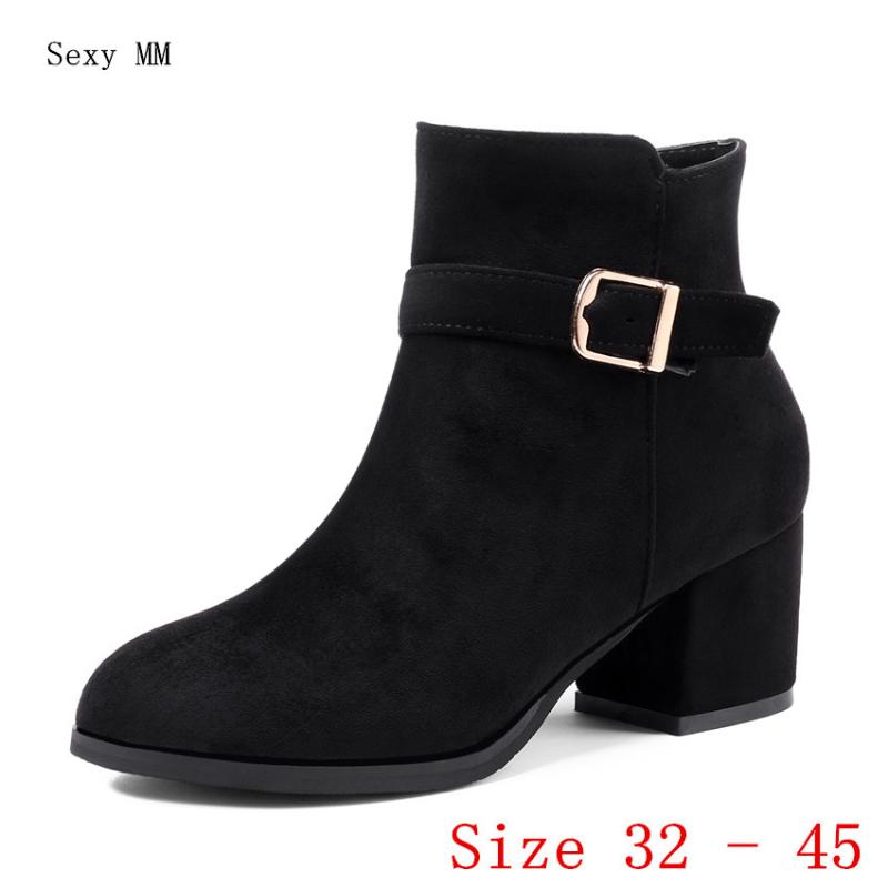 

Spring Autumn Winter Women Ankle Boots Booties Square High Heels Shoes Woman Short Boots Plus Size 32 33 - 40 41 42 43 44 45, Black short plush