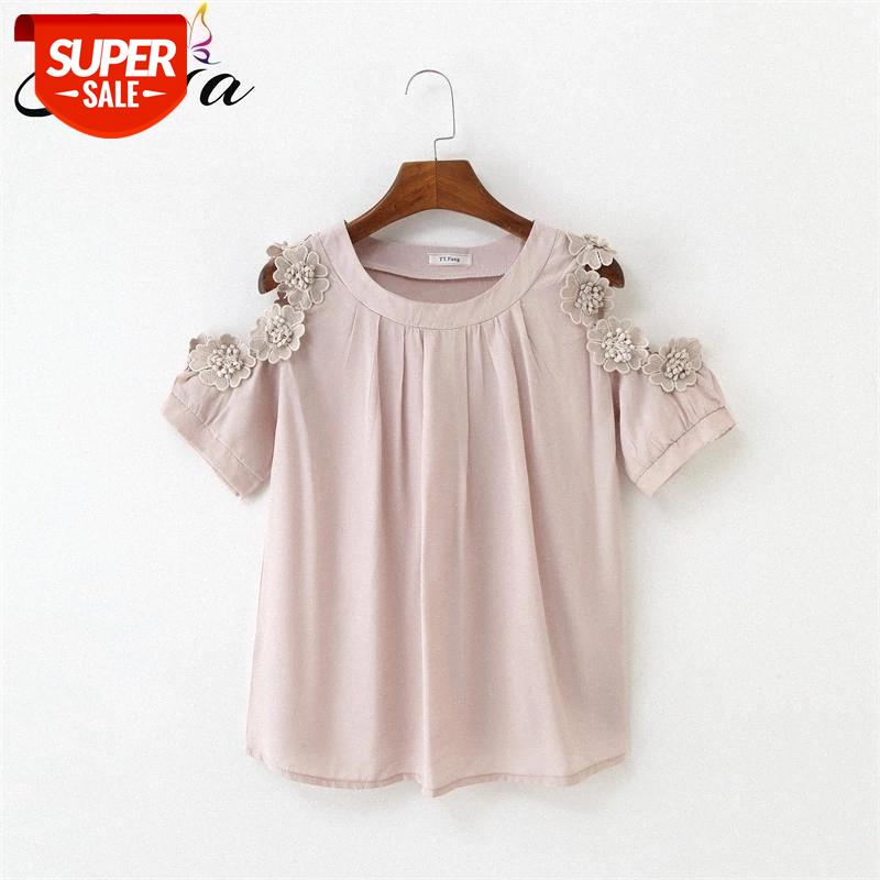 

H.SA Summer Women T-Shirts Short Sleeve Off Shoulder Women Kawaii Tee Shirt Lace Stitching Oneck White T Shirts 2019 Cotton Tee #Ex4C
