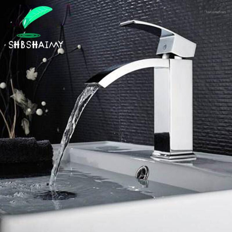 

SHBSHAIMY Chrome Waterfall Bathroom Basin Faucet Deck Mounted Single Handle Single Hole Cold Hot Water Mixer Tap Bass Faucet1