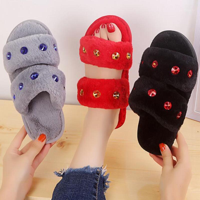 

Gems Fur Slippers Fashion Female Winter Slippers Women Warm Indoor Plush Lady Home Shoes furry slides for women xx4931, Black
