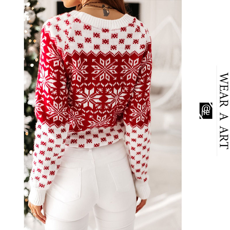 

Womens Christmas Style Snowflake Long-sleeved Knit Sweater Girls Round Neck Top Clothes Pullover Knitwear New Casual Autumn/winter 2020, Red