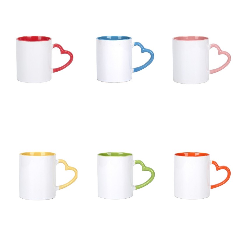 

Blank Sublimation 11oz Ceramic Mug with Heart Handle 320ml White Ceramic Cups with Colorful Inner Coating Special Water Bottle Coffee Cup, As pic