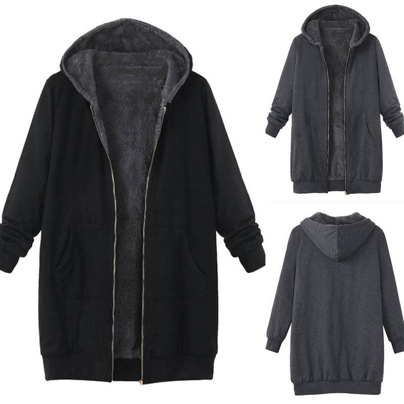 

2020 Women Vintage Solid Fleece Hooded Zipper Plus Size Long Sleeve Thick Coat Jackets for Women Jacket jackets, Black
