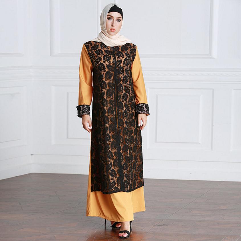 

M-7XL plus fake size two pieces dressed in prayer robes feminine dubs Islamic Muslim fashion income abaya wj1320, Lace abaya