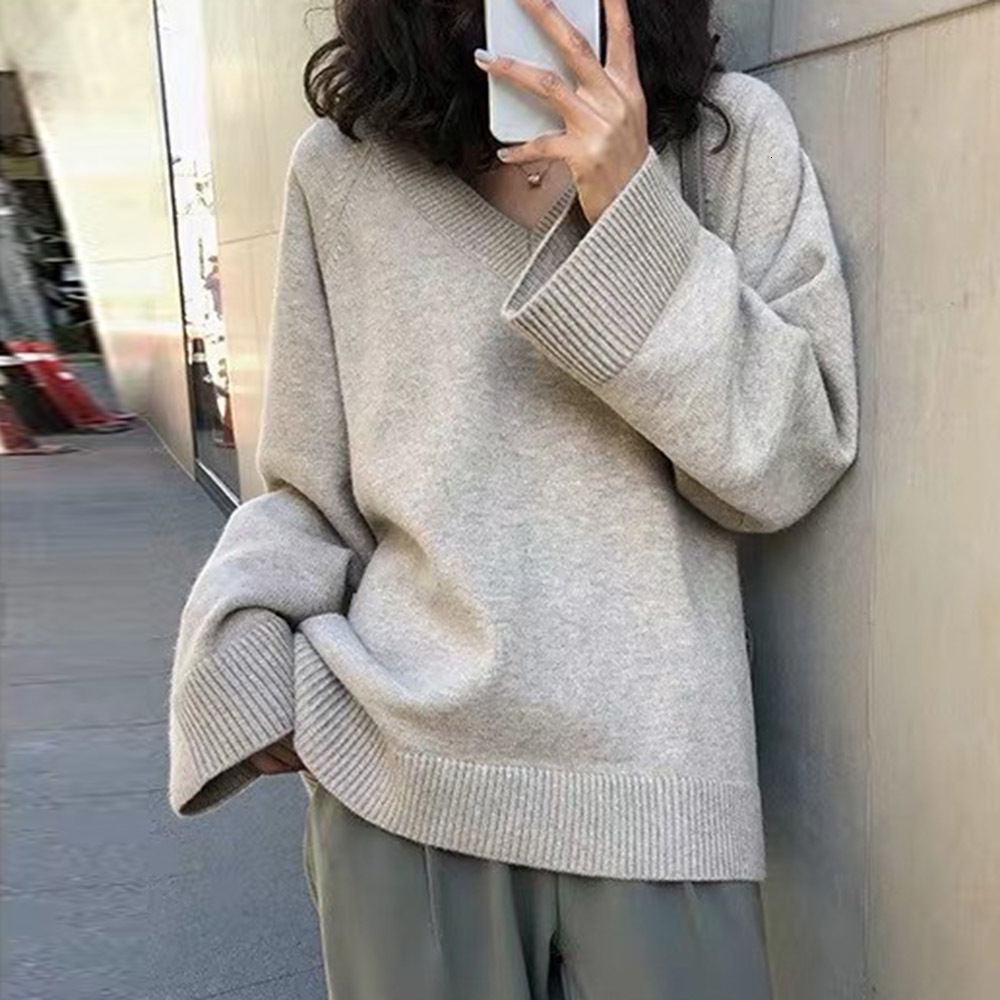 

2021 New Japan Style Autumn Winter Korean Fashion Loose Lazy Simple Thin Hot Sale V-neck Long Sleeve Knitted Sweater KQM7, Ivory