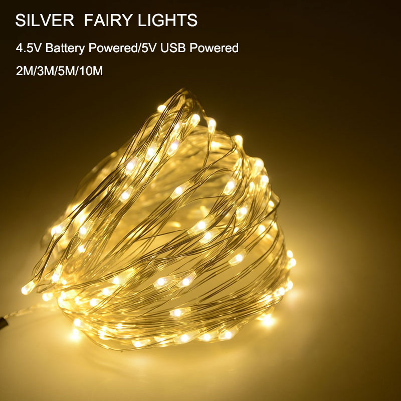 

2M 3M 5M 10M USB Battery Powered Silver led string fairy lights garland Home Natal Wedding Party New Year Christmas Decoration