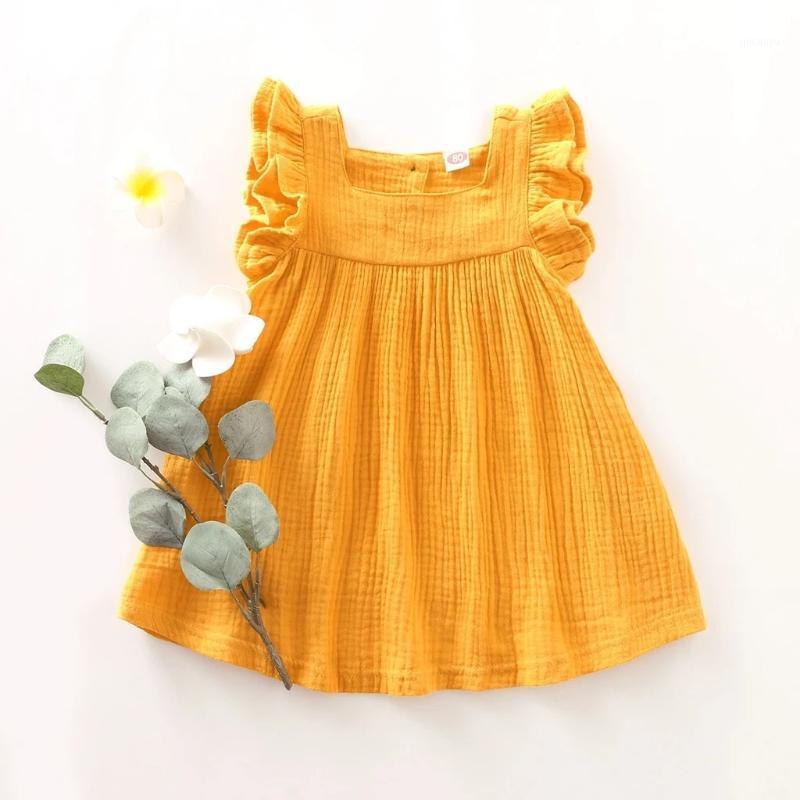 

Fashion Newborn Baby Girls Dress Clothing Sleeve Square Collar Ruffle Solid Color Cotton Casual Fashion Dresses1, Yellow