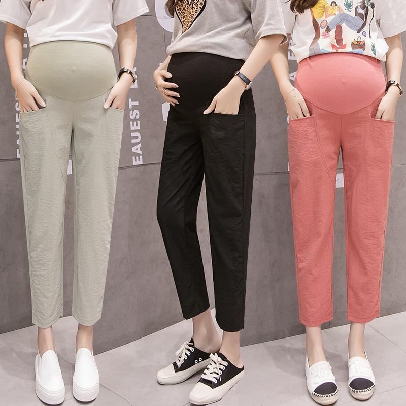 

9/10 Length Summer Thin Linen Maternity Pants Elastic Waist Belly Pants Clothes for Pregnant Women Pregnancy Short Trousers1, Green
