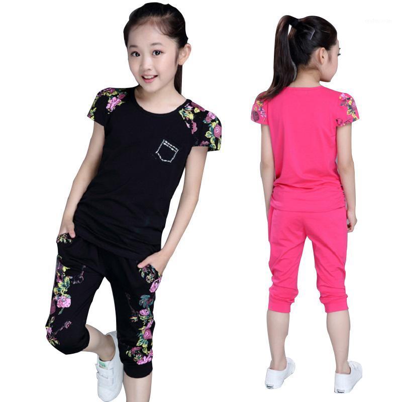 

Children Clothing Sets Summer Girls Sports Suit Cotton Print Short Sleeve T-shirt+Pants 2Pcs Girls Clothes 4 6 8 10 12 14 Years1, Black