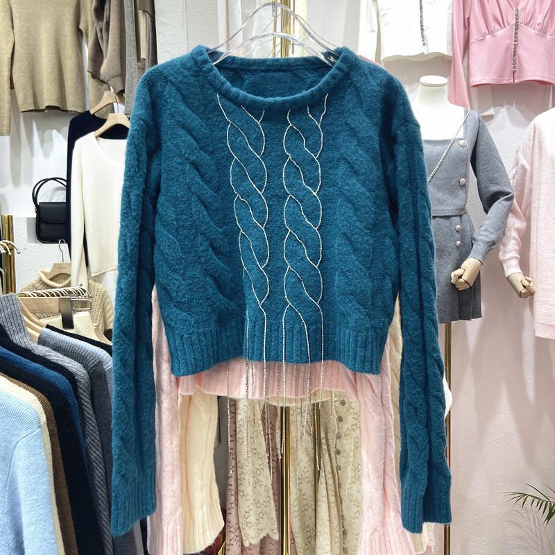 

Rhinestone Tassel Sweater Women 2021 Spring Winter New Pullover Jumper Slim All-Matching Long Sleeve Short Pull Femme, Blue