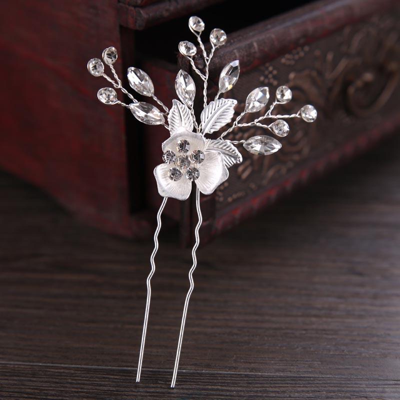 

2PCS Crystal Flower Leaf Handmade Bride Hair Sticks Wedding Hair Pins Bridal Rhinestone Clip Headpiece Accessories SL