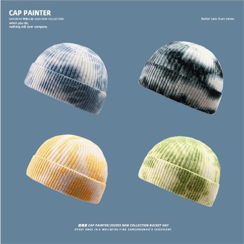 

Winter Knitted Tie Dye Beanies Hats Brimless Unisex Docker Sailor Biker Warm Ski Cap Melon Short Harajuku Pumpkin Vintage Hat