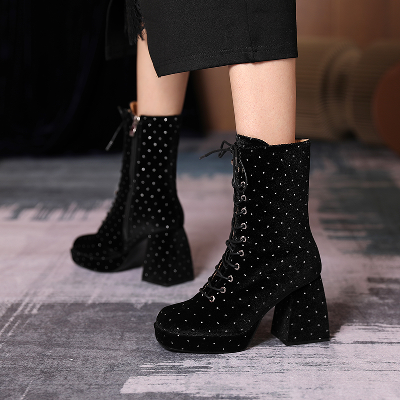 

2021 Warm Women's Velvet Stitches Ladies Short Bigger Autumn and British Winter Heels Boots GOWF, Black
