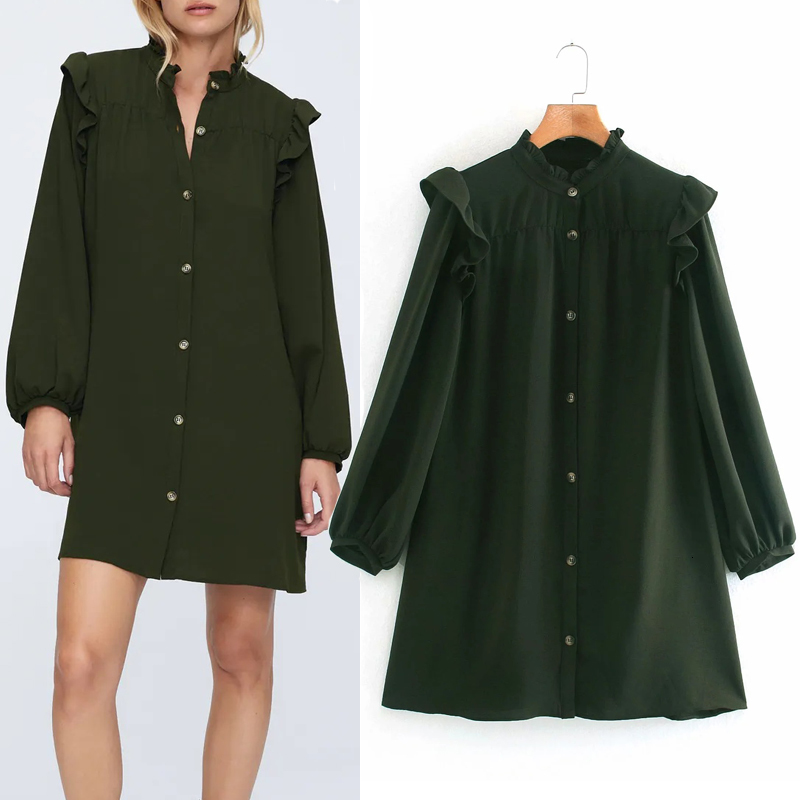 

2021 New Green Ruffle Shoulder Mini Fashion Button Up o Neck Long Puff Sleeve Dress Women Loose Casual Ladies Dresses G0wb