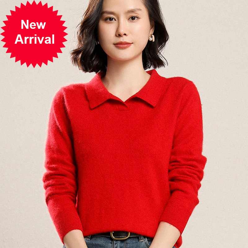 

2021 New Female Stuffed Mink Cashmere Neck Polo Full Sleeve Turndown Collar Warm Cozy Soft Sweater Usdb, Gray