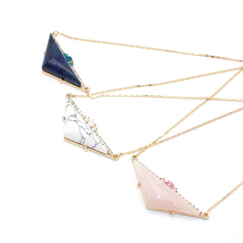 

Triangle Rose Pink Quartz Lapis Lazuli Natural Stone Pendant Gold Chain Necklaces Geometric Accessories Jewelry