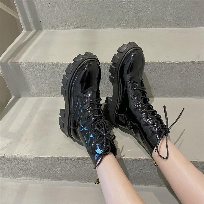 

Med Heel Boots Brand Women's Shoes Leather Booties Round Toe Boots-women Lace Up Fashion Black Lolita Rock Ankle Summer Ladies