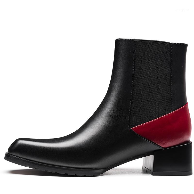 

5cm High Heels Men Boots Genuine Leather Square Toe Black mix Red Leather Boots Handsome Ankle for Men Wedding & Party1