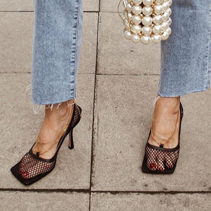 

Chains Sandals Women Air Mesh High Heel Sandalias Mujer 2020 Cutouts Frauen Sandalen Open Toe Ladies Shoes Black Summer Pumps1