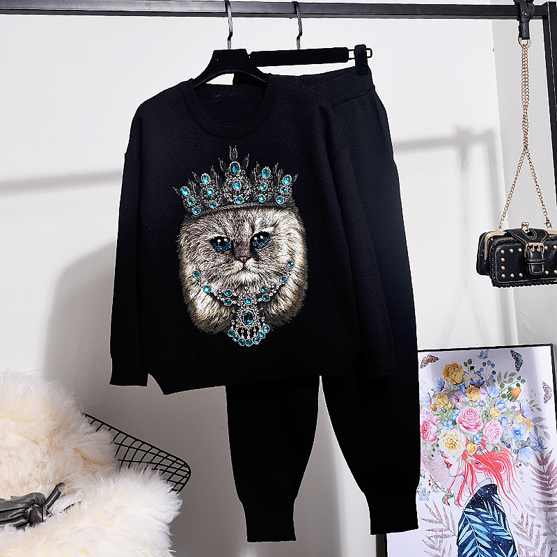 

Autumn Winter High quality Sweater Women Pullover Fashion Beading Cat Loose Knitted + Casual Knit Pants Two Piece Set F1216, White