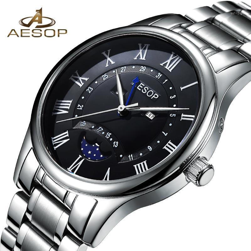

Wristwatches AESOP Watch Men Sapphire Crystal Quartz Wrist Wristwatch Moon Phase Leather Male Clock Relogio Masculino Hodinky Reloj Hombr1, Leather brown