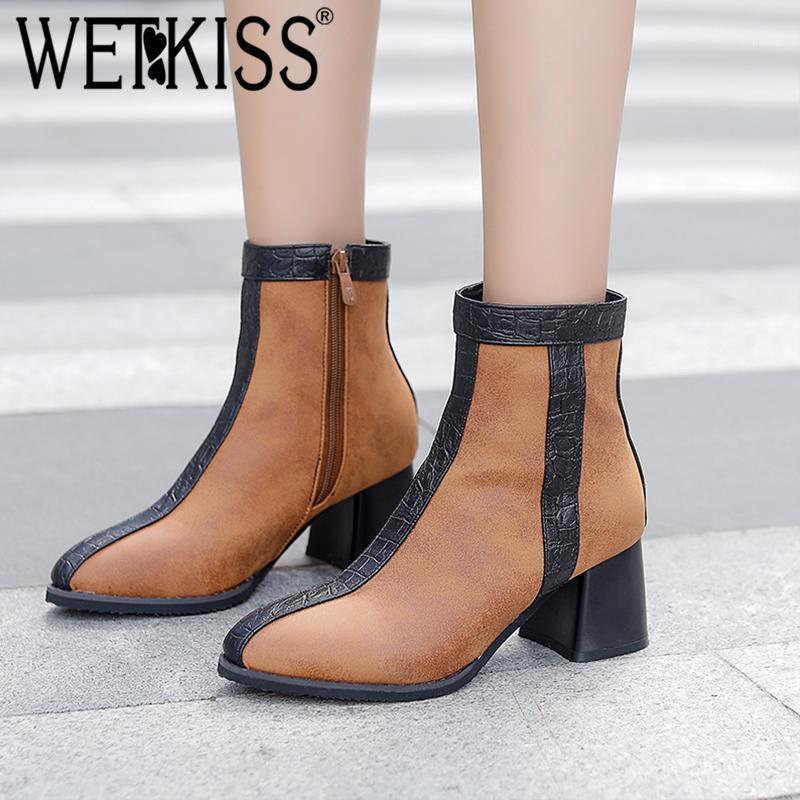 

WETKISS New Stripe Women Ankle Boots Pointed Toe Platform Shoes Zip Thick Heel Shoes Fashion Party Female Bootie Non Slip Boots1, Black