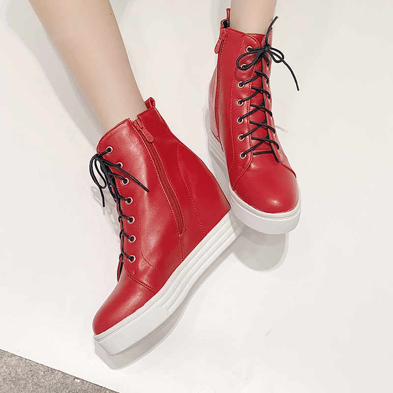 

2021 Women's Plus Size 22-26.5cm Patent Europe and America Microfibre High-heeled Boots Increase Inside 4NJ6, Red.