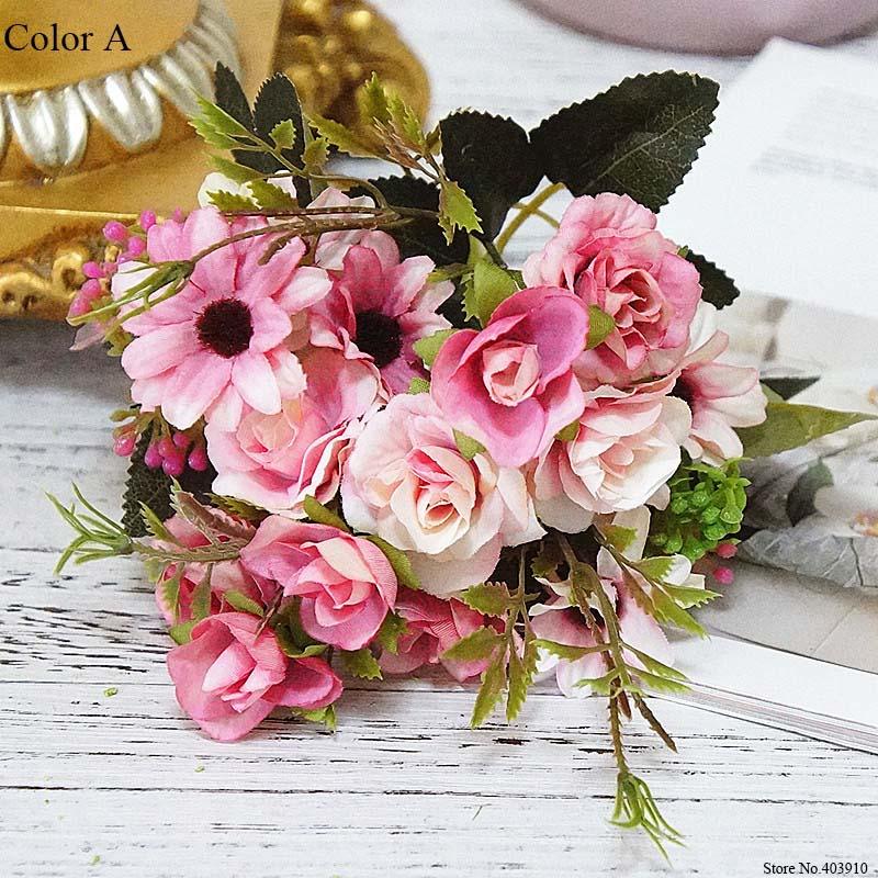

1 Bouquet Colorful Artificial European Silk Flowers Daisy&Rose Flower Bouquet For DIY Wedding Party Decor Home Vases Decorations