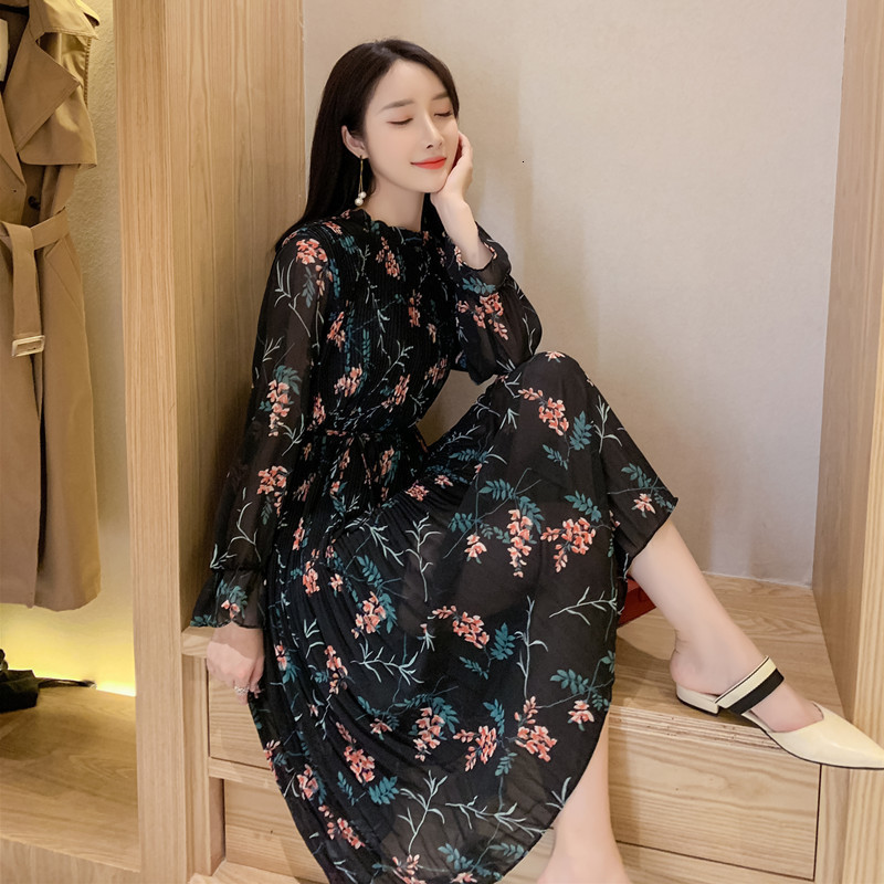 

2021 New sleeve chiffon female spring and floral autumn printed collar skinny plight mid-long fashion dress L3L4, Black skirt.