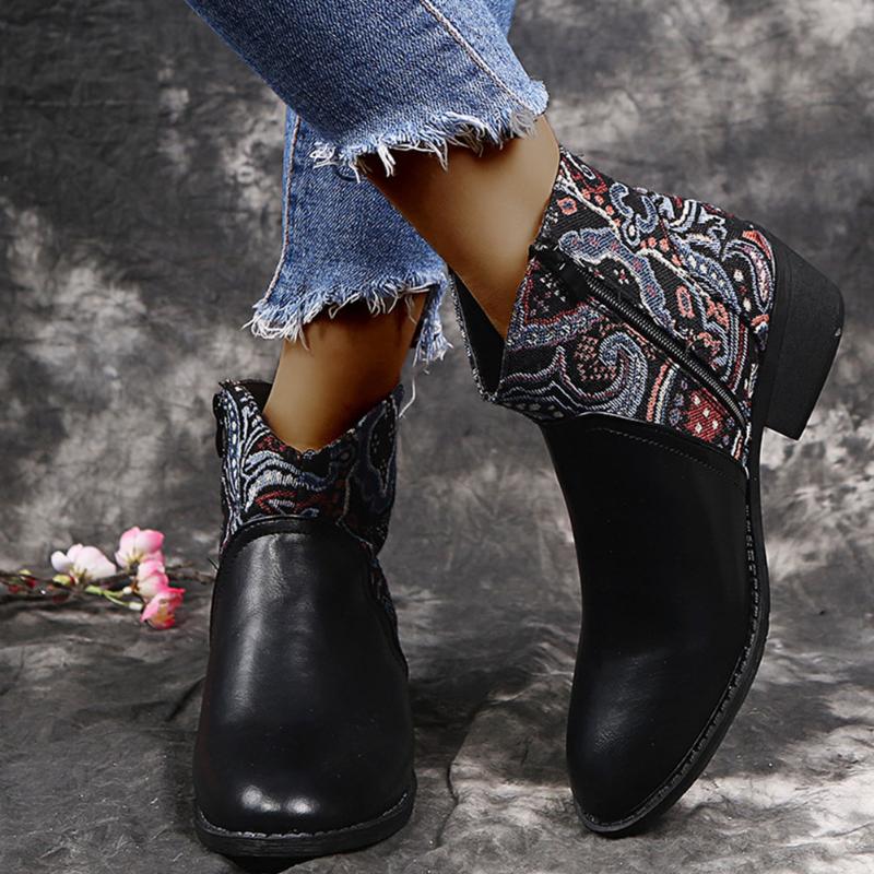 

BONJOMARISA Female Retro Zipper Round Toe Print Ankle Boots Fashion Brand Boots Women Casual Daily Low Heel Shoes Woman, Black