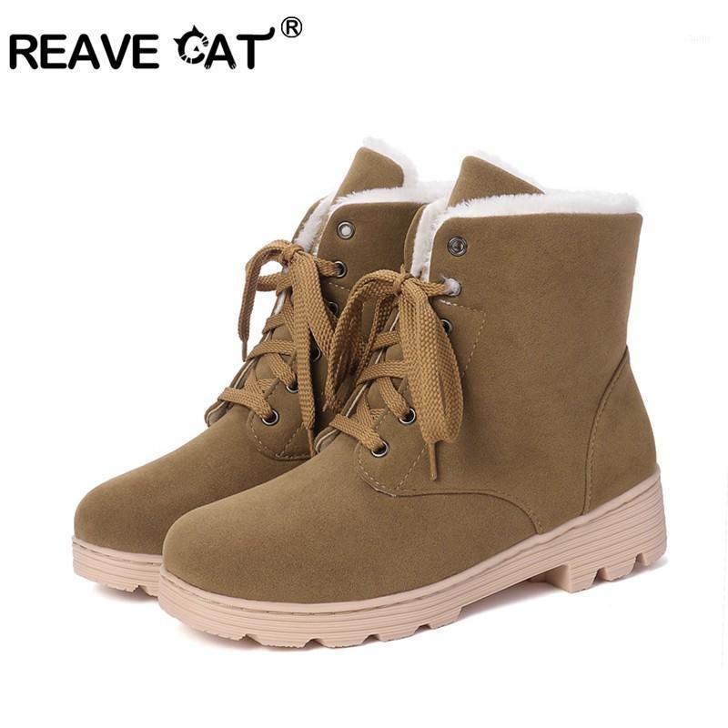 

REAVE CAT snow ankle boots ladies platform lace up boots winter flock warm cotton shoes flat heels footewar casual botas mujer1, Black