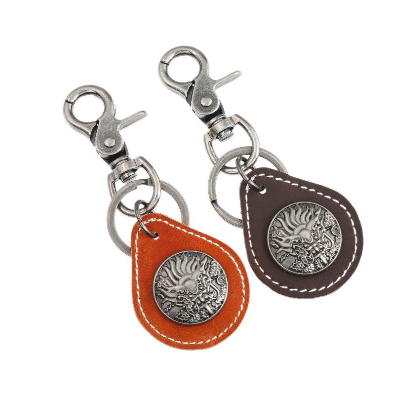 

Fashion Vintage Charm Keychain Totem Alloy Pendant Genuine Leather Key Ring Retro Holder Gift for Men Car Key Accessories