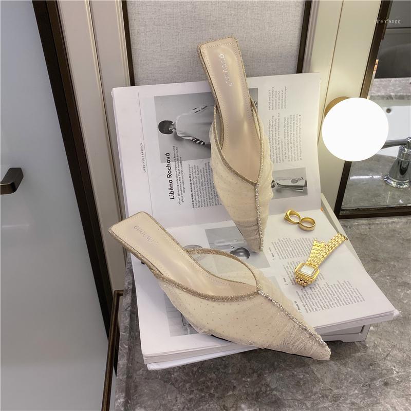 

2020 Summer New Women Giltter Crystal High Heels Mesh Slippers Mules Low Heels Closed Toe Rhinestone Slides Dress Shoes1, Black 1