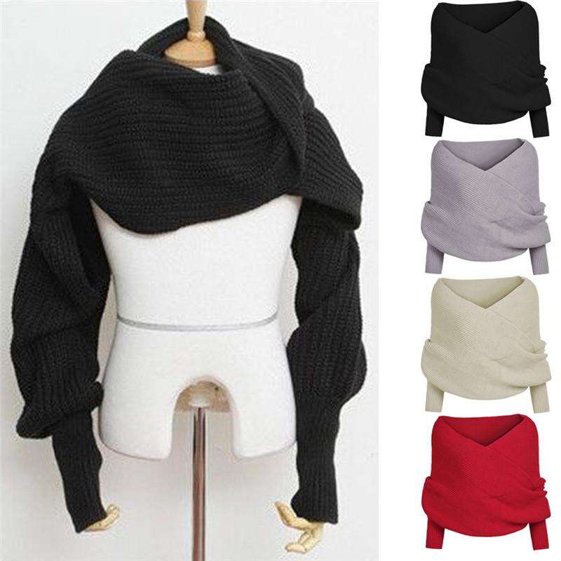 

New Women Off the Shoulder Crop Knit Sweater Women Winter Warm Shawl Sweater Tops Cardigan Wool Scarf With Sleeve Wrap Scarves, White