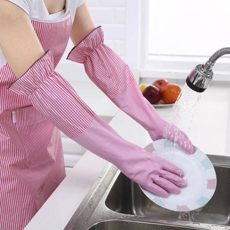 

Warm household gloves with flannel and cuffs kitchen cleaning gloves washing rubber dishwashing kitchen